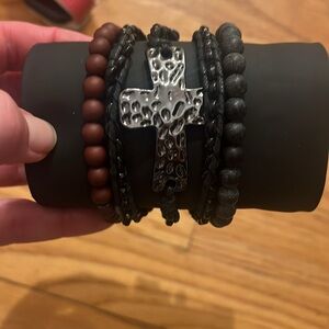 Multi-Strand Men’s Cross Leather and Bead Bracelet in Black and Brown